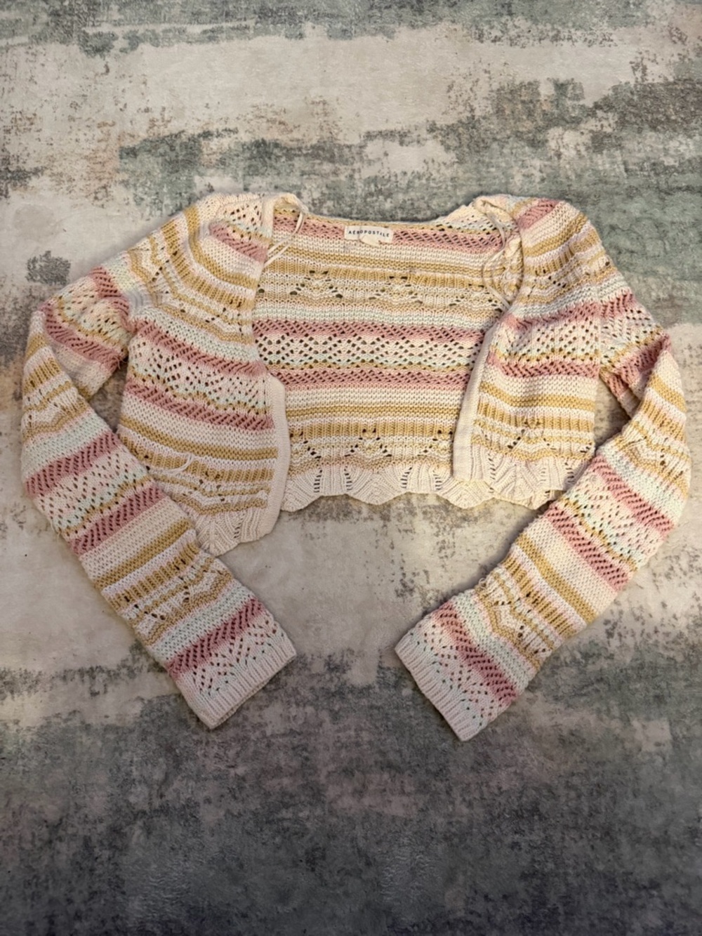 Aeropostale Cream Pink Yellow Striped Open-Knit Cropped Cardigan